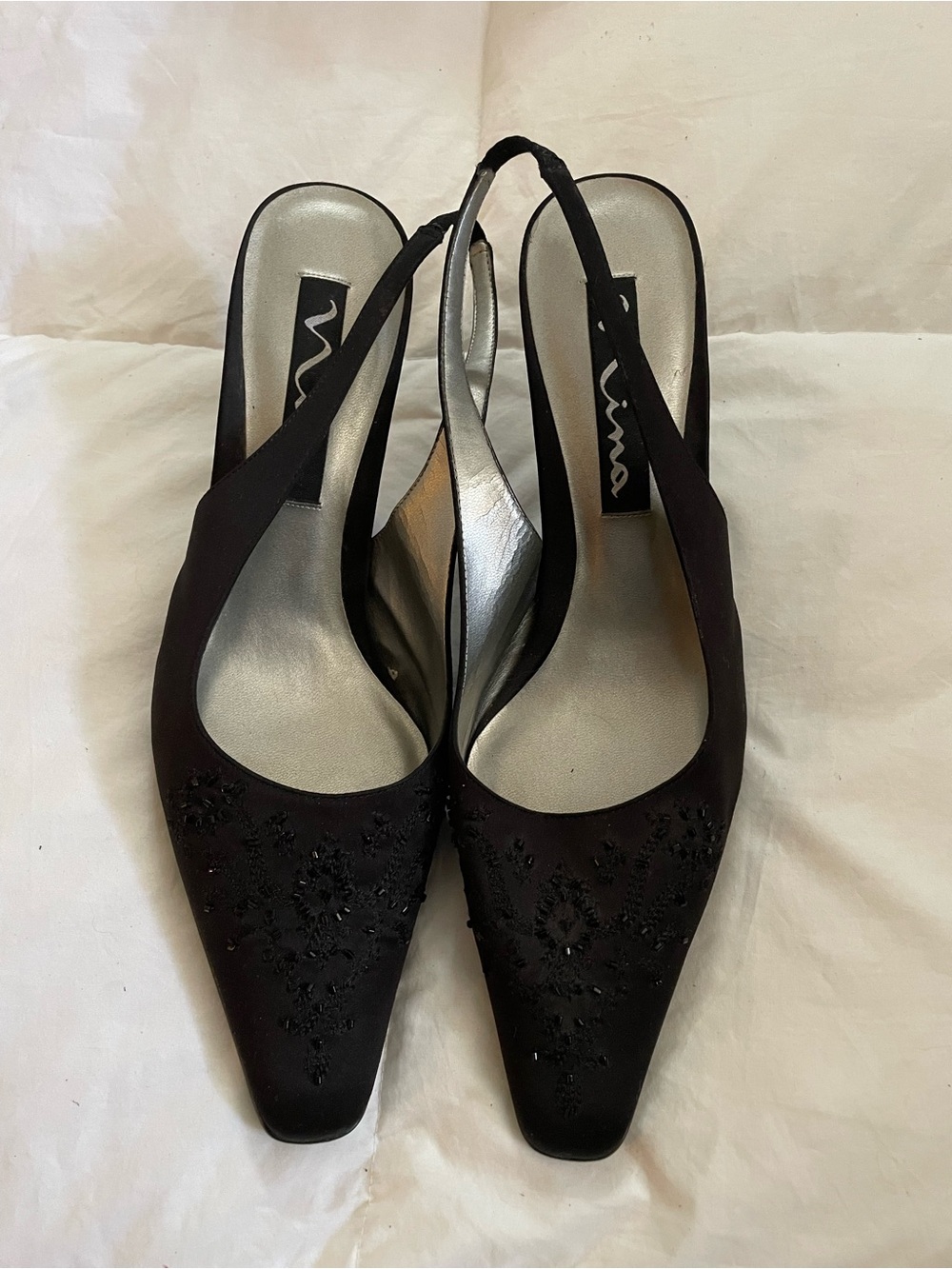 Nina Satin Beaded Pointed Toe Slingback Kitten Heel Pump Black Sz 11